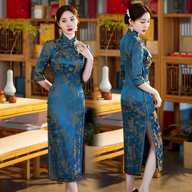 High Quality High-End Real Silk Full Cardigan Cheongsam Qipao inside and outside Modified 2024 New Middle-Aged Mom Dress