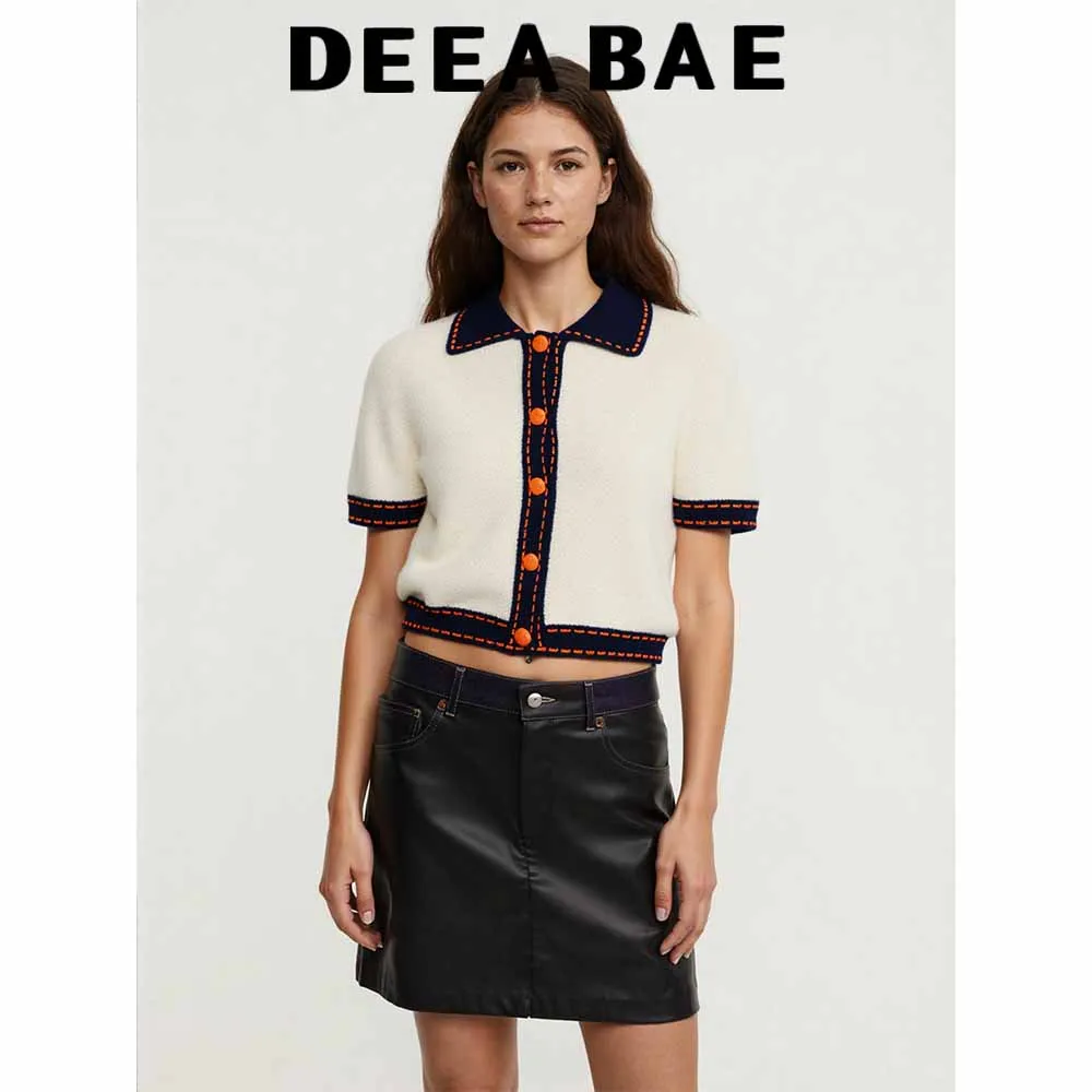 

DEEABAE 2025 Women's Summer New Product Threaded Decoration Flip Collar Short Sleeve Knitted Coat