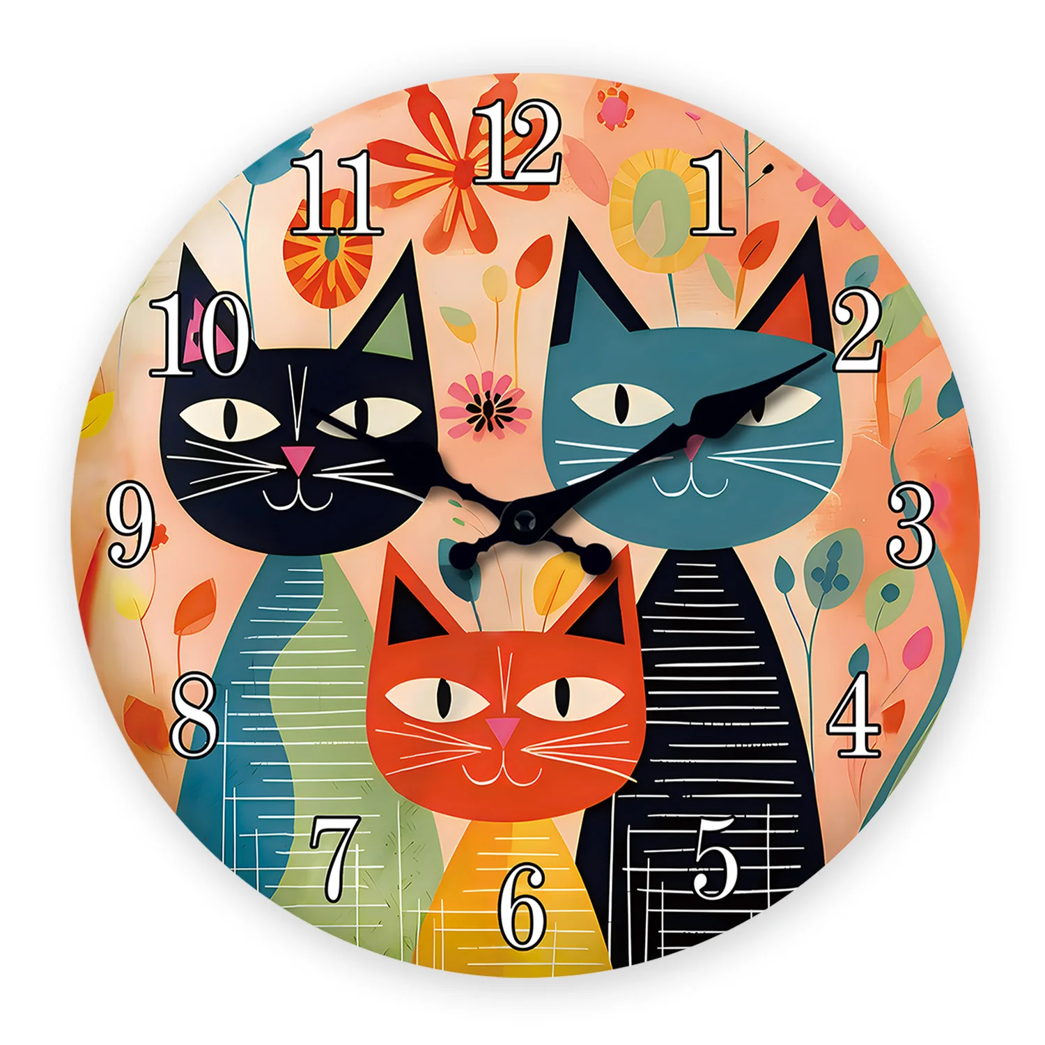 Retro Art Cute Cat Family Wooden Wall Clock Living Room Bedroom Kitchen Home Decor Silent Quartz Clock Holiday Gift 10 Inches 12 Inches 14inch 16inch (No Battery)