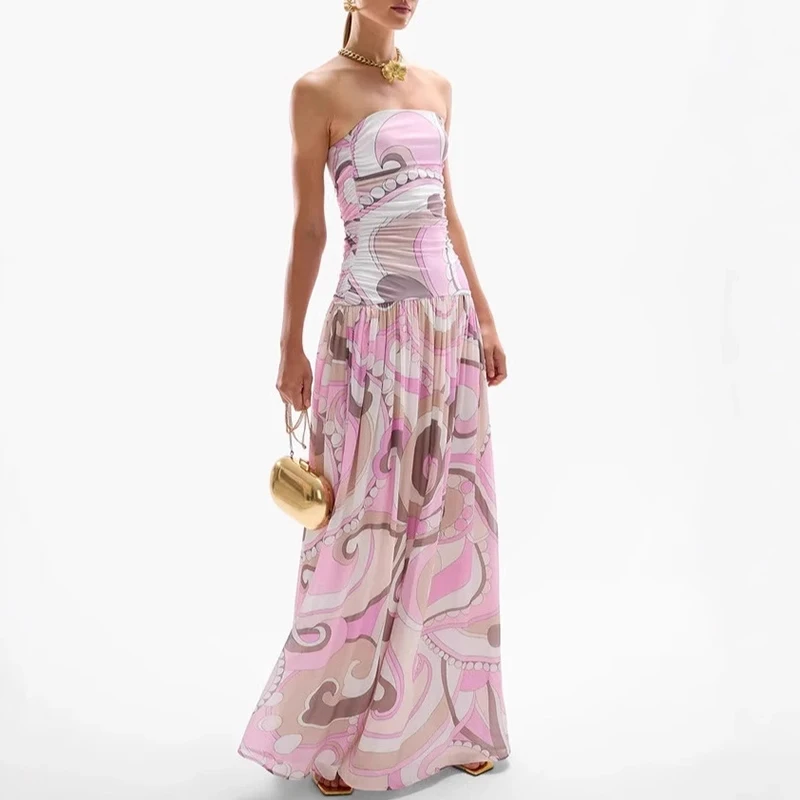 Elegante padrão impresso sem mangas bohe vestido feminino sexy sem alças sem costas balanço vestido moda altura cintura plissado vestidos longos