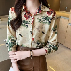 Women Spring Simplicity Office Lady Floral Silk Elegant Polo-Neck Long Sleeve Shirts Women Clothes Casual All-match Vintage Tops