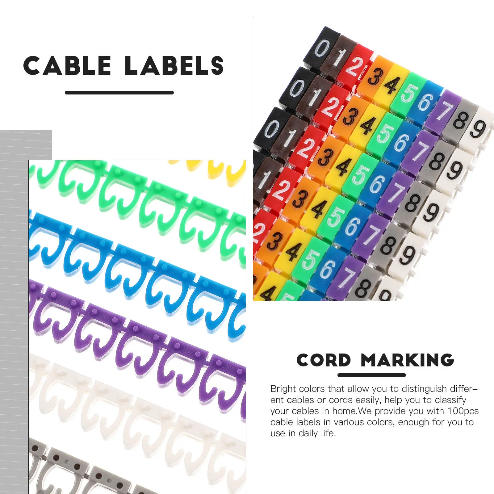 100Pcs Multicolor Cable Labels Cord Marking Tags Buckle Style Reusable Plastic Wire Identifier for Phone Computer TV USB Cables