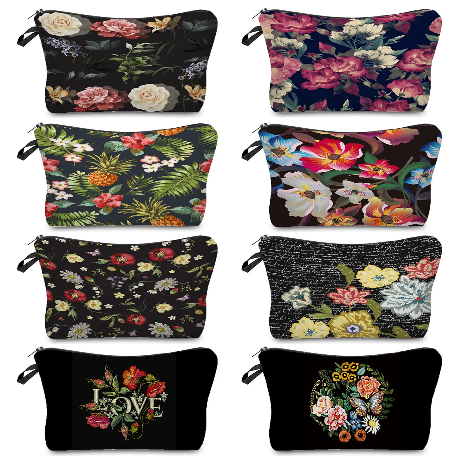 

Toiletry Storage Bags Women's Portable Refreshing Makeup Bag Colorful Floral Print Black Customize Cosmetic Bags Pretty Fashion