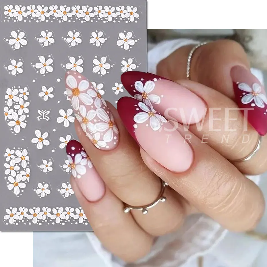 5D Embossed Flower Nail Stickers Colorful Simple DIY Wildflower Daisy Geometric Lines Gel Polish Decals Wedding Engraved Slider