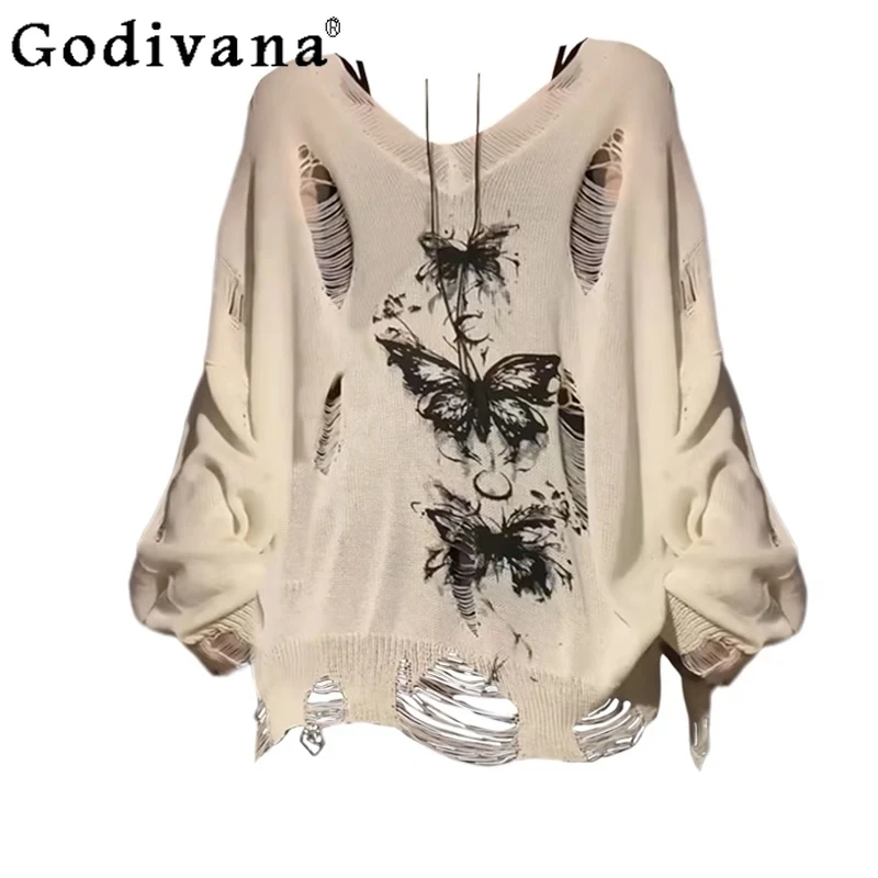 

Large Size Sexy Girl Butterfly Graffiti Hollow Long-sleeved T-shirt Girl Summer Street Loose Thin Korean Fashion Sunscreen Shirt