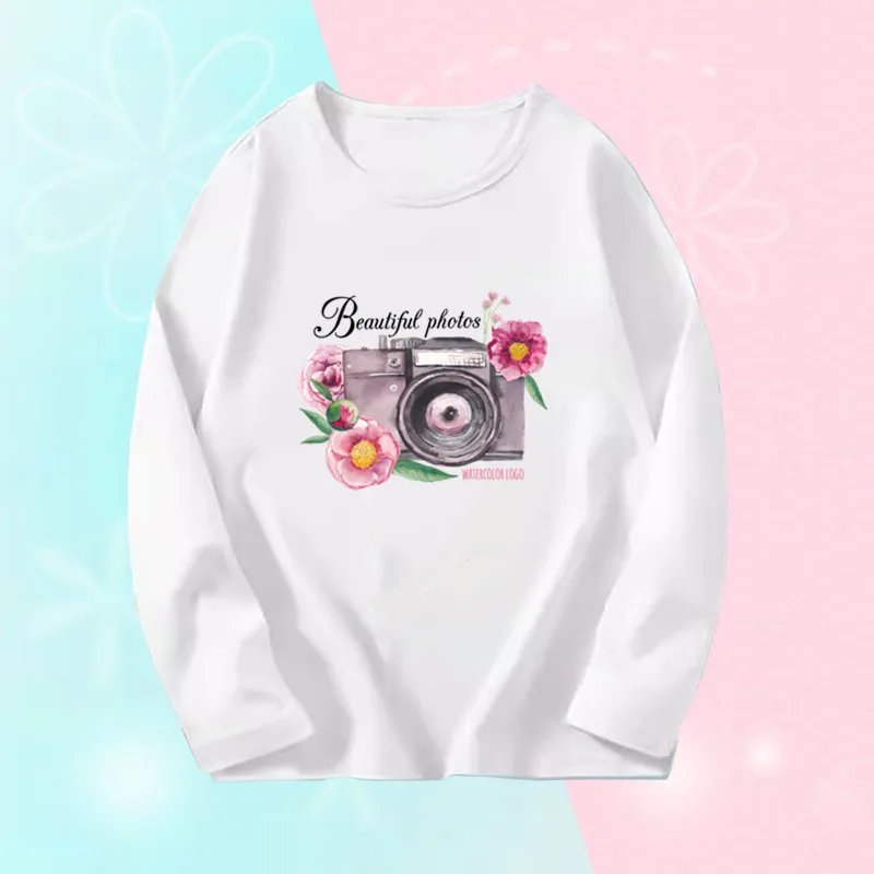 Girl Camera Graphic T-Shirts Spring Biggirl Long Sleeve Autumn T-Shirts Young Kids Tee Tops Little Cute Toddlers Tees