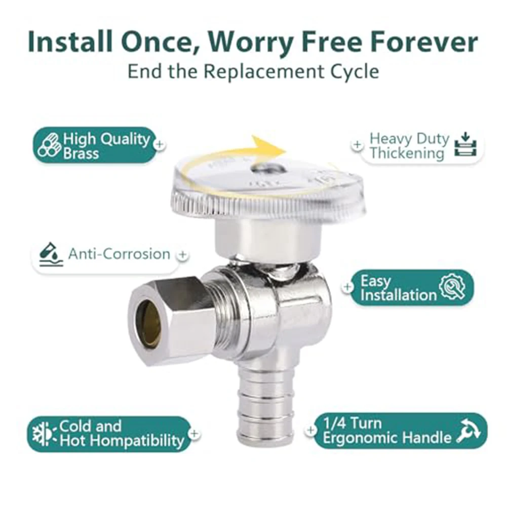 1/2 Inch PEX To 3/8 Inch OD Compression Angle Shut Off Valves, 2-Pack For Kitchen Bathroom And Toilet, Sink, Washer