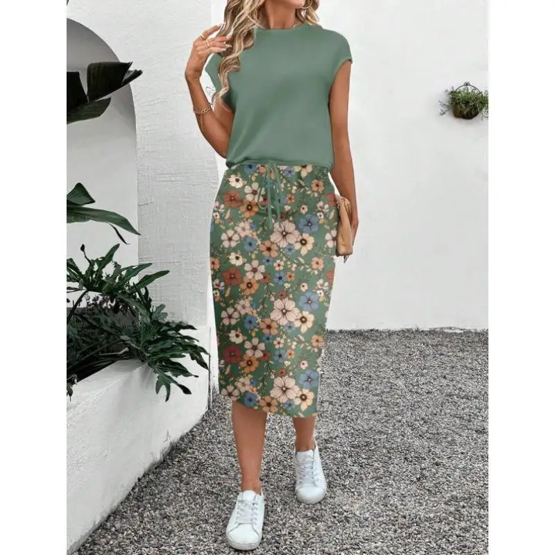 

Women's Casual Vintage Print ort irt Two-Piece Set T638 Sle Comfortable Seven Sve Autumn Season Faion Ensemble