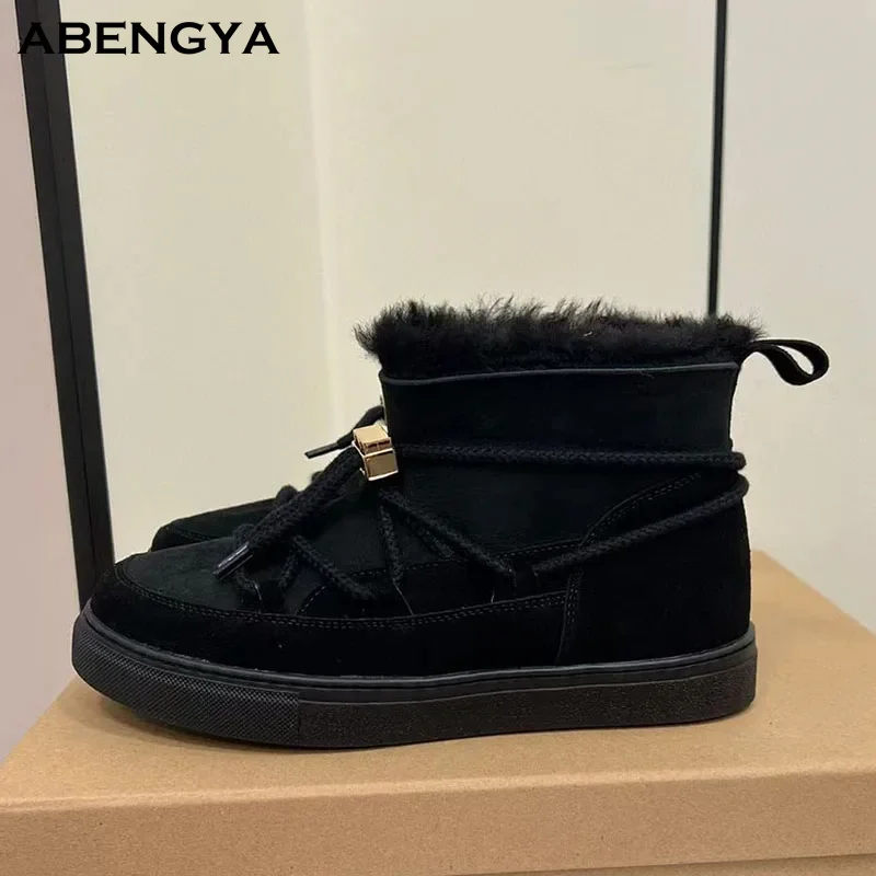 

2025 Winter Black Suede Platform Wool Fur Boots Women Flat Platform Warm Lace Up Short Boot Designer Casual Snow Boots For Women