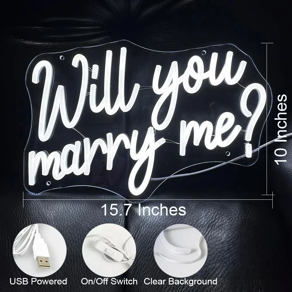 Will You Marry Me Neon Sign White LED Wall Art Proposal Quote USB Powered Dimmable Acrylic Lamp Engagement Wedding Decor