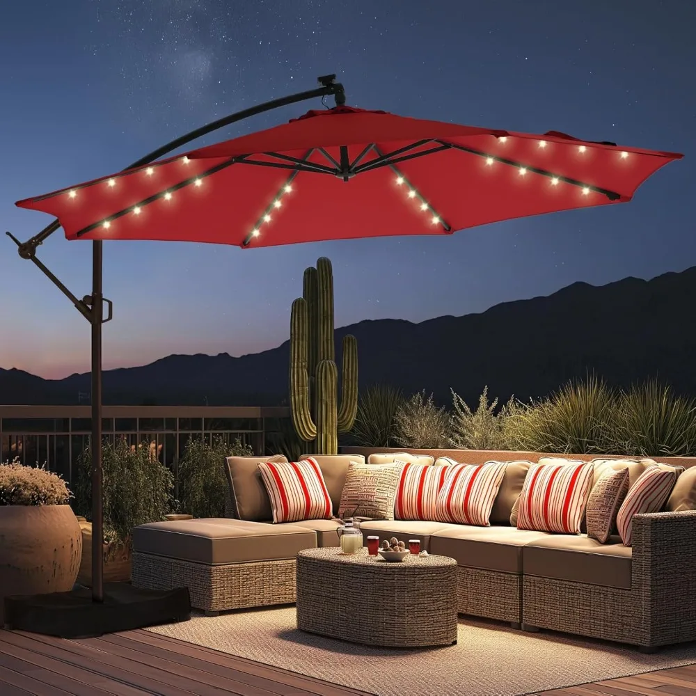 

10ft Solar Lights Offset Cantilever Patio Umbrella, with Light and Base, LED Lighted Offset Hanging Patio Outdoor Mark
