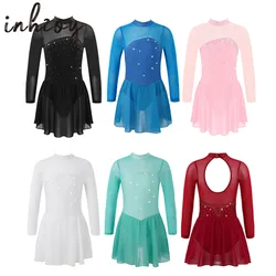 Child Girls Rhinestone Long Sleeves Tulle Splice Figure Ice Skating Dress Gymnastic Ballet Leotard Dress Ballroom Dance Clothing