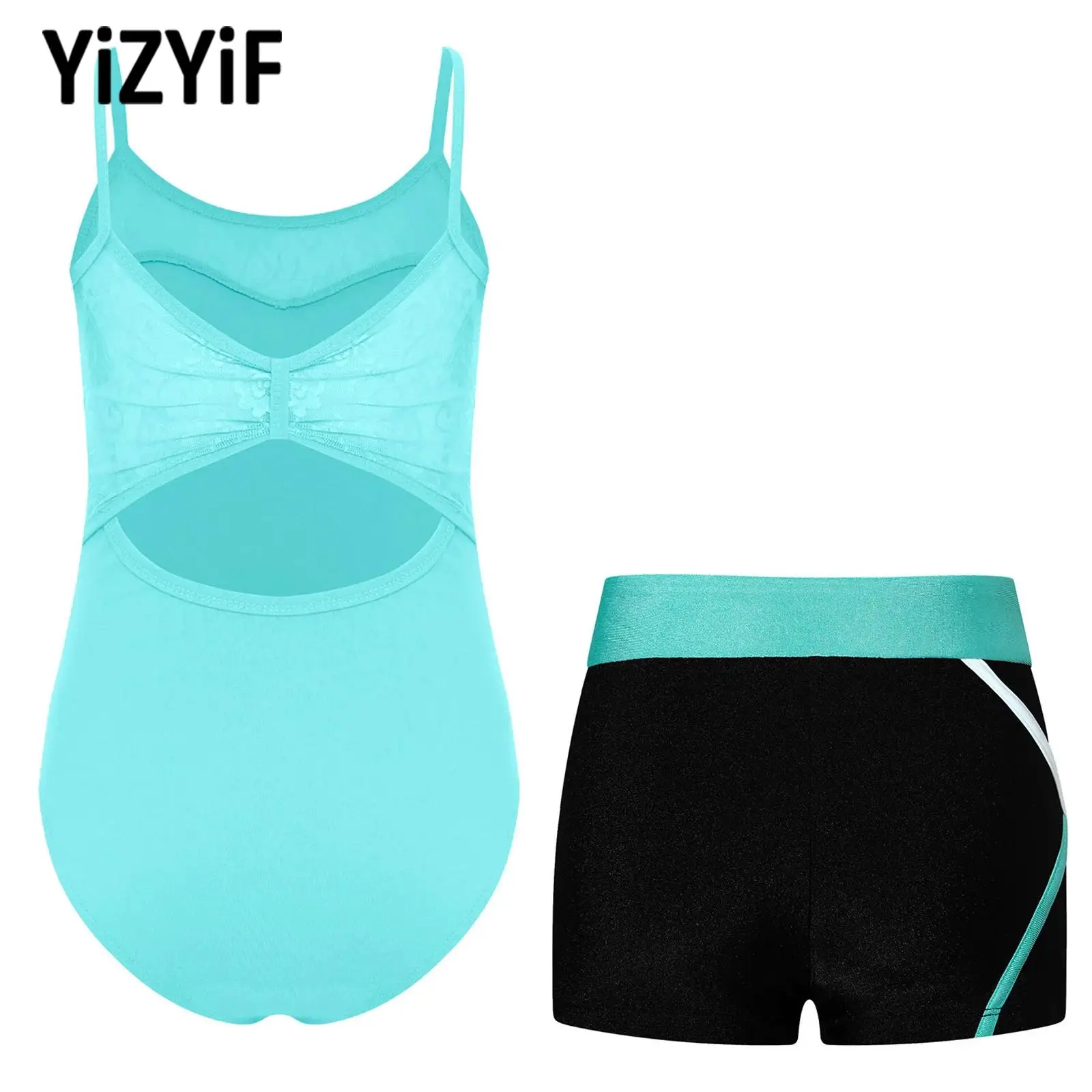 

Girls Ballet Dance Set Figure Skating Gymnastics Performance Costume Spaghetti Straps Cutout Knot Back Lace Leotard with Shorts