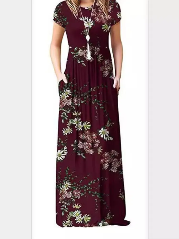

Spring Summer New Women's Fashion Printed Pocket Short Sleeved Casual Round Neck High Waisted Long Dress