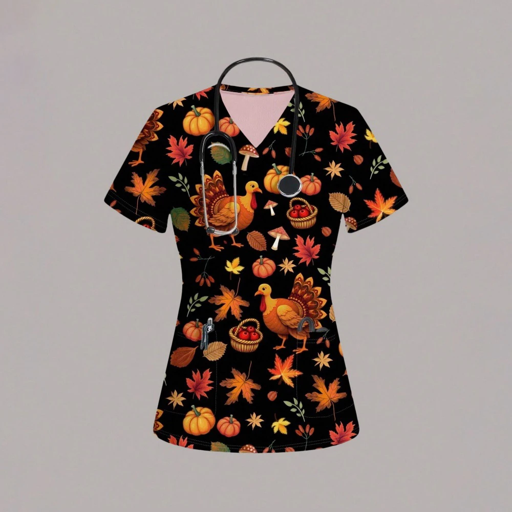 Women's Hospital Uniform Elegant Butterfly Print Obstetrics Nursing Tops V-Neck Micro-Stretch Short-Sleeved Tees Medical Clothes