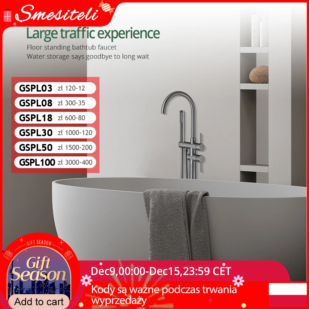 Gunmetal Freestanding Bathtub Faucet Set Floor Mounted Mixer Hot & Cold Shower System 2 Modes Handheld Shower &Round Spout