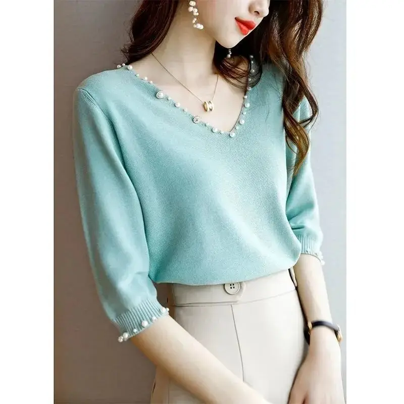 

Elegant V-Neck Beading Half Sleeve Loose Solid Color Blouse Plus Size Casual Tops 2022 Summer New Commute Women Clothing Shirt