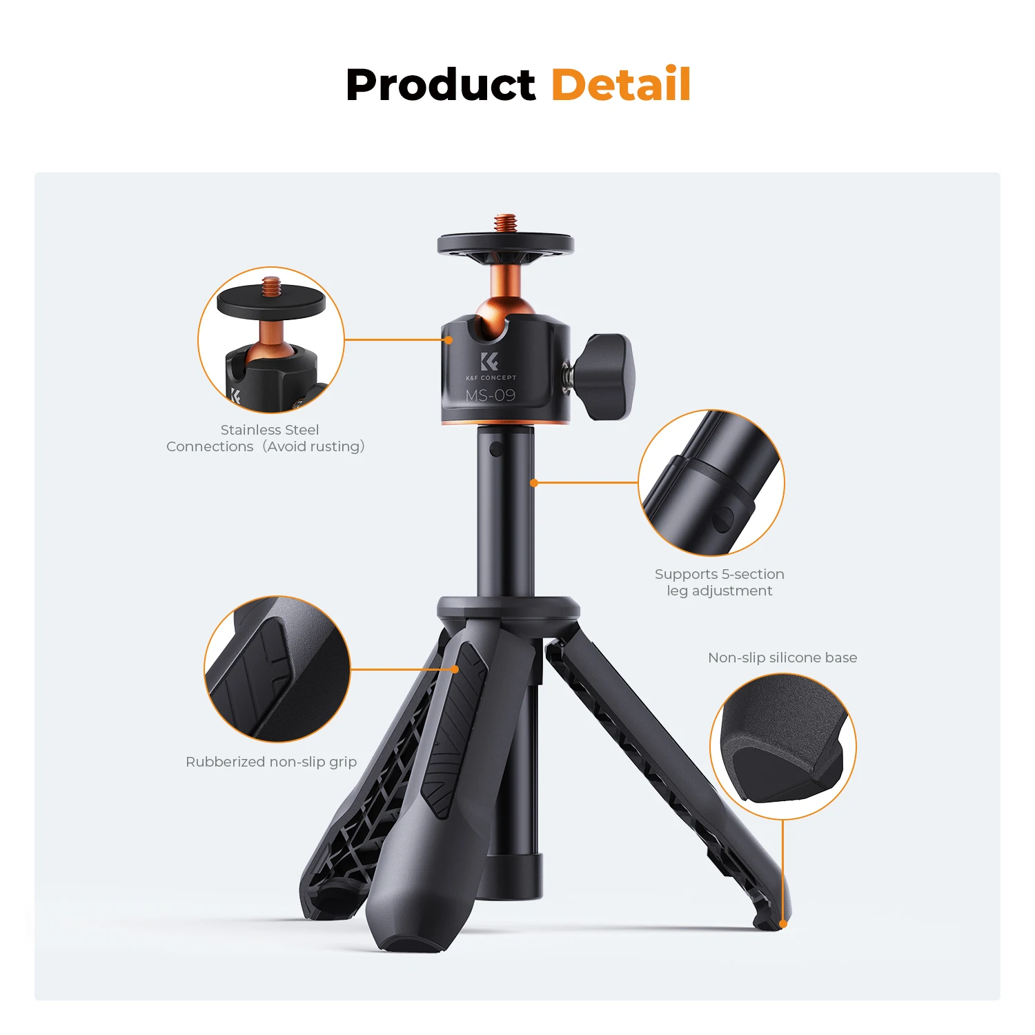 K&F Concept Selfie Stick Tripod 360 Degree Rotation Mini Phone Stand with Ball Head and Cold Shoe Mount for Smartphone Black - Image 3