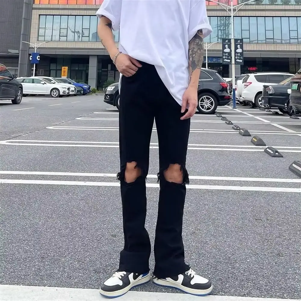 

American High Street Zipper Ripped Raw Edge Black Jeans Men's fashion Loose Straight Leg Long Pants Casual Streetwear Jean