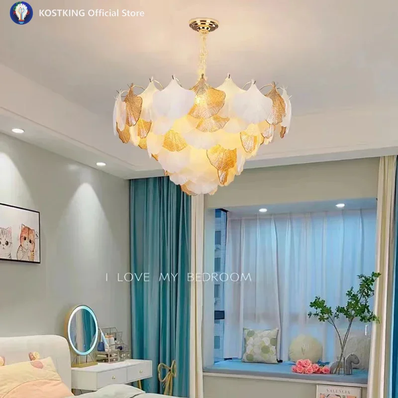 Morden LED Autumn Ginkgo Ceiling Chandeliers Dining Living Room Bedroom Pendan Lamps Shell Glass Lustre Decor Hanging Light