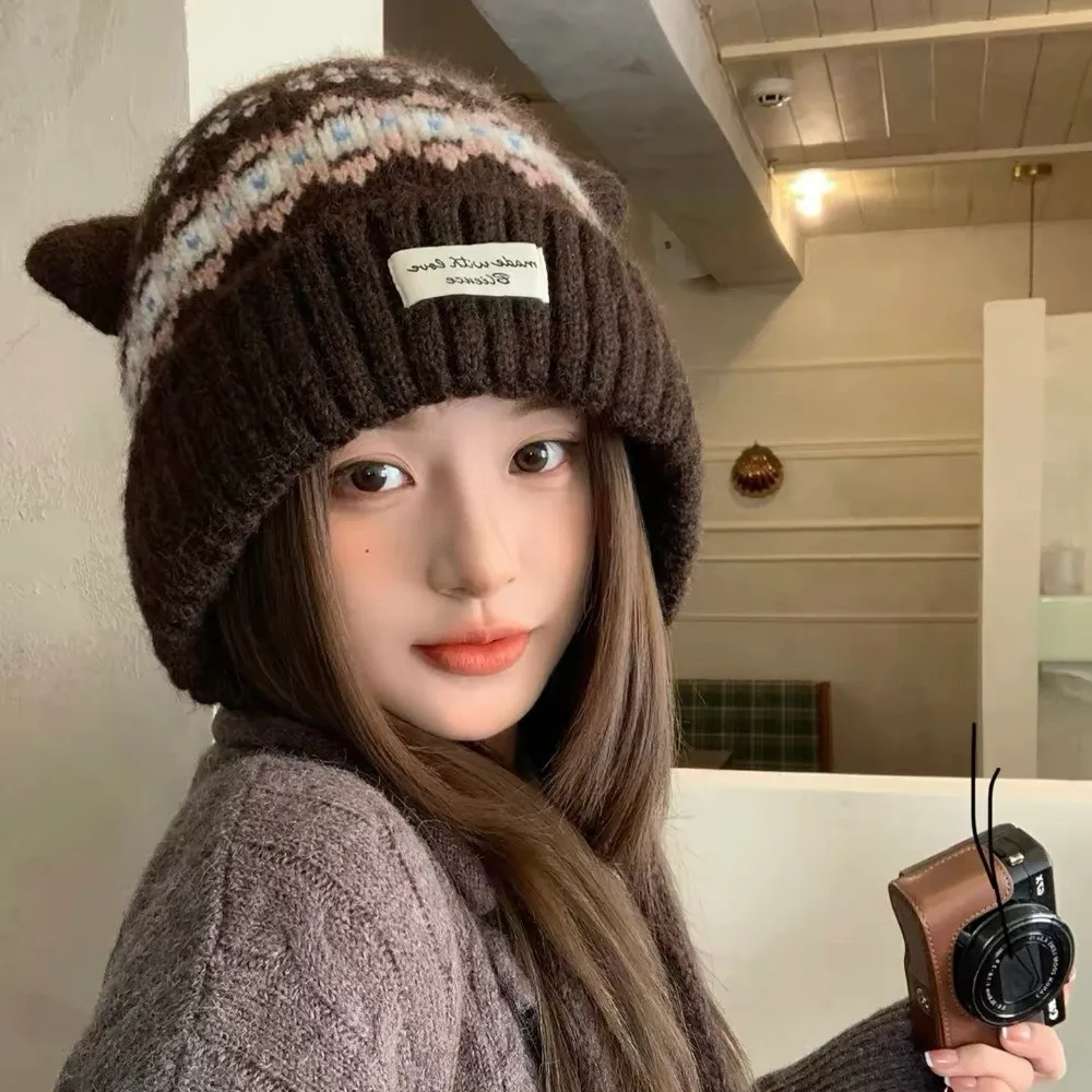 Cute Cat Ear Knitted Woolen Cap Thickened Windproof Ear Protection Cap Fell Island Style Keep Warm Winter Pullover Hat Winter