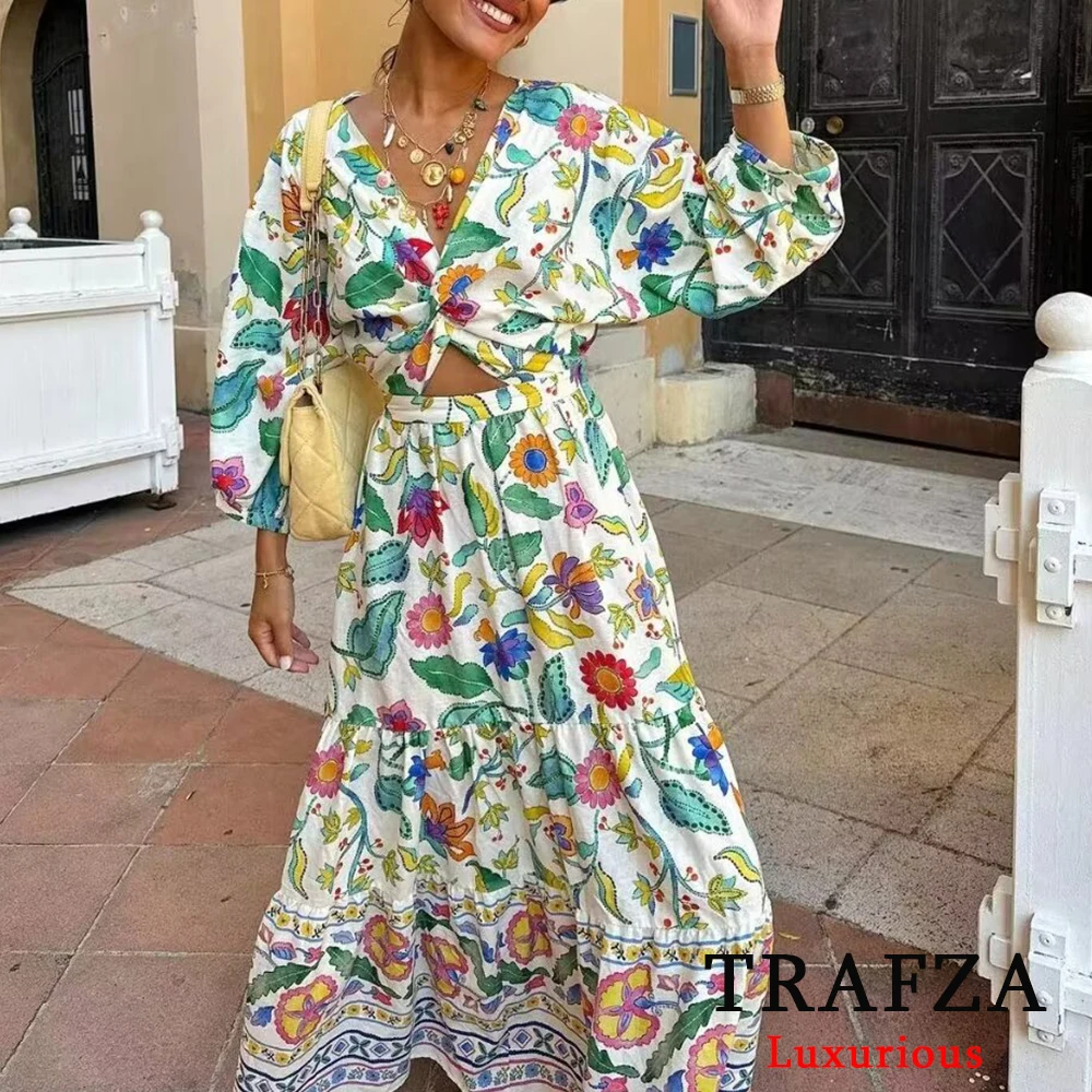 TRAFZA Boho Flower Print Women Long Dress Fashion 2024 Summer Long Sleeve V Neck Ruffles Holiday Dress Vintage Party Dress