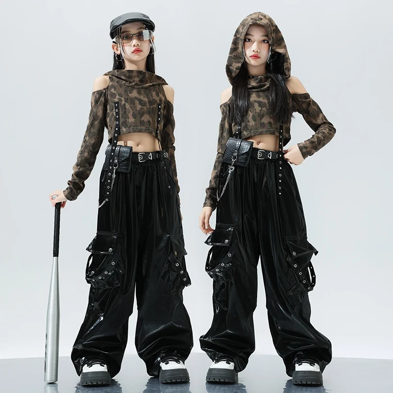 

New Girls Jazz Dance Leopard Tops Leather Pants Kids Hip Hop Clothing K-pop Style Performance Outfits Catwalk Stage Wear BL14151