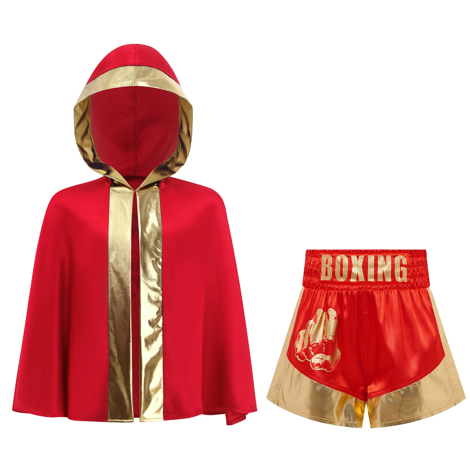 Bambini Muay Thai Outfit Ragazzi Ragazze Boxe Allenamento Arti marziali Tuta da combattimento Aperto sul davanti Finiture metalliche sul retro Mantello con cappuccio + Pantaloncini in raso