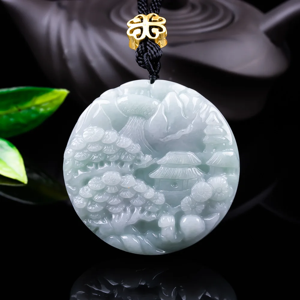 Real Jade Natural Emerald Double-sided Mountains Waters Pendant Necklace Carved Charm Jadeite Jewelry Fashion Charm Amulet Gifts