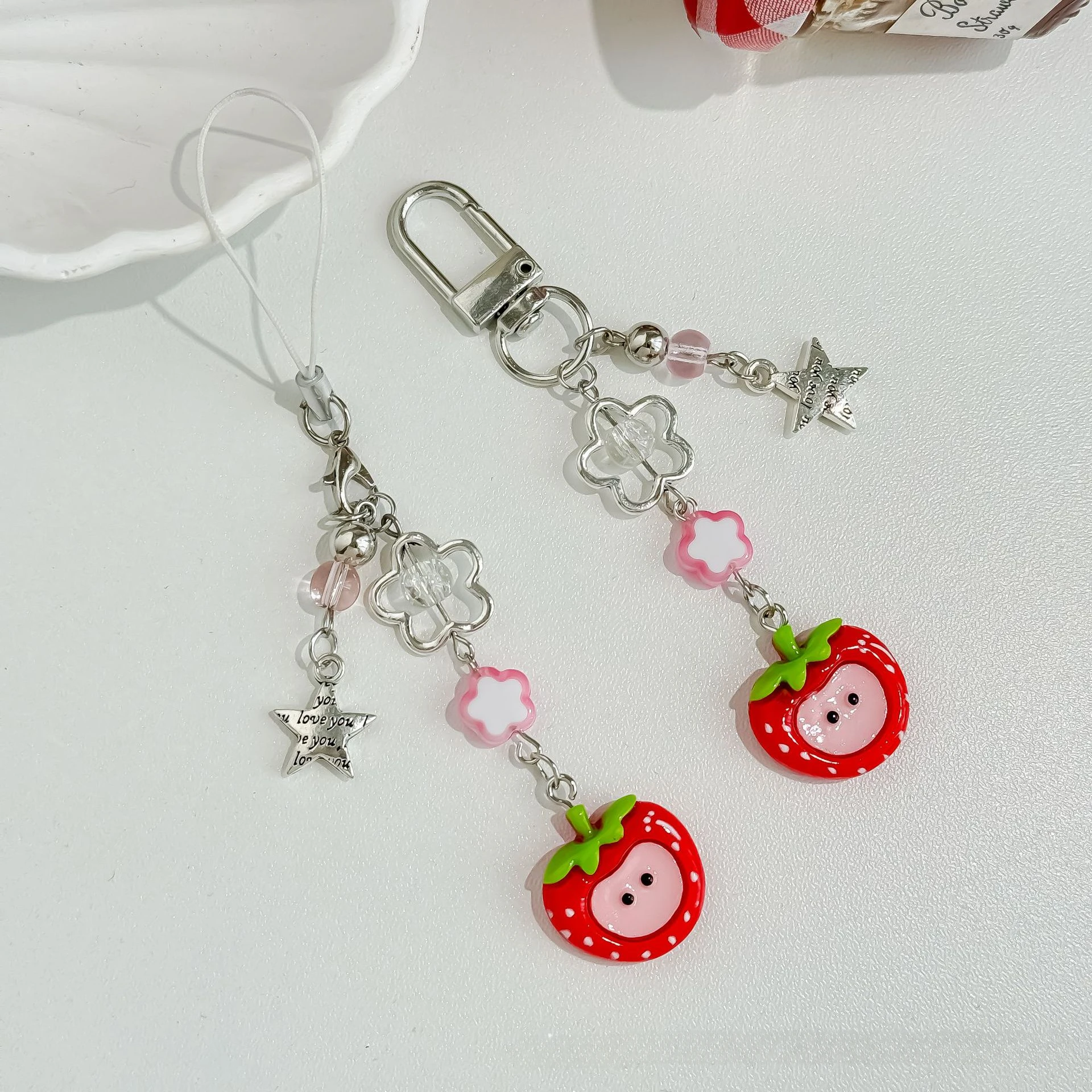 

2025 Cute Star Red Green Apple Strawberry Cartoon Beaded Phone Rope Bag Pendant Keychain Gifts