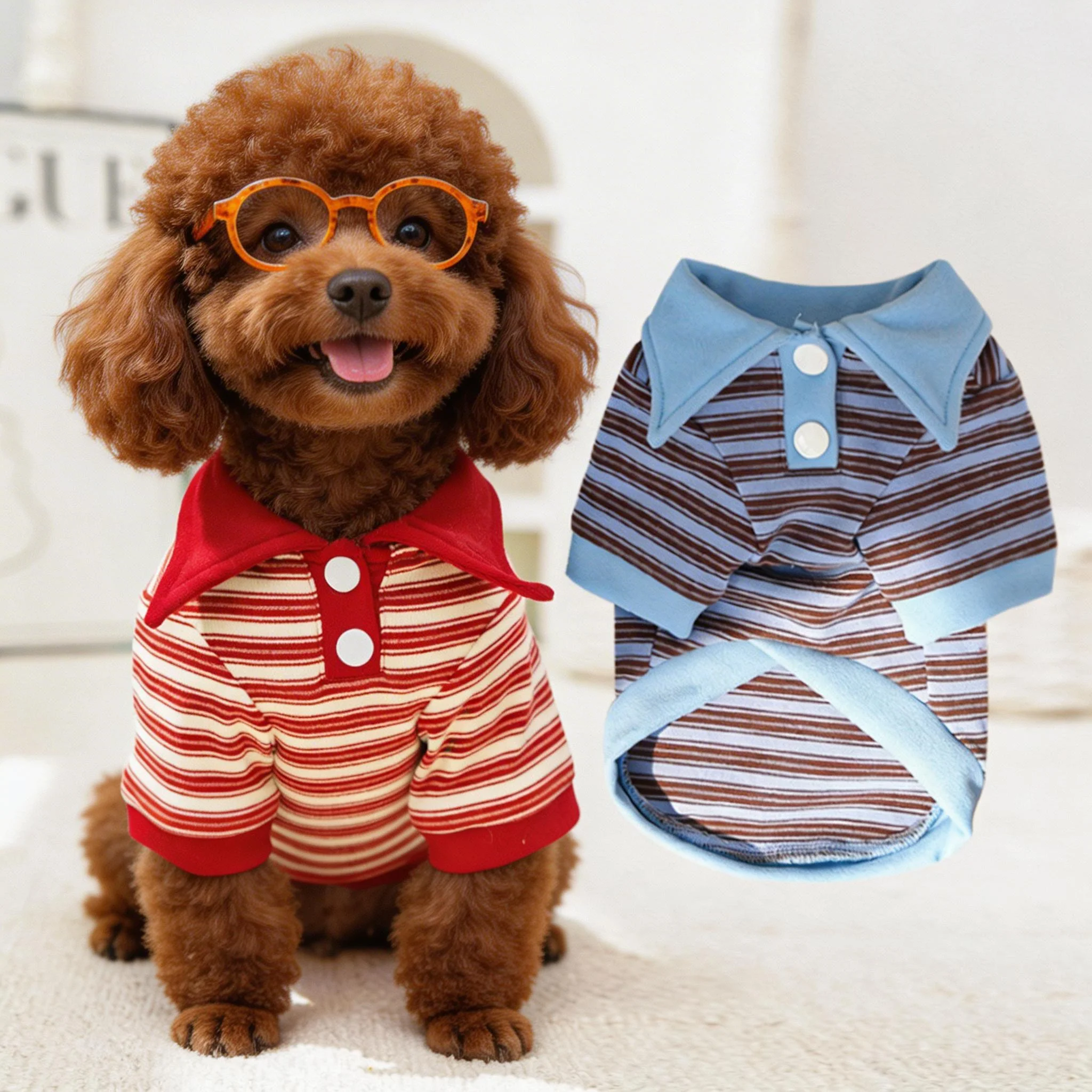 Fashion Striped Lapel Dog Cat Vest - Trendy Sleeveless Pet Hoodie Top, Soft Comfy Cotton Blend Clothes for Small Dogs Puppy