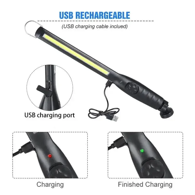 New COB LED Flashlight Magnetic Work Light USB Rechargeable Torch Hook Portable Lantern Inspection Light Camping Car Repair Lamp