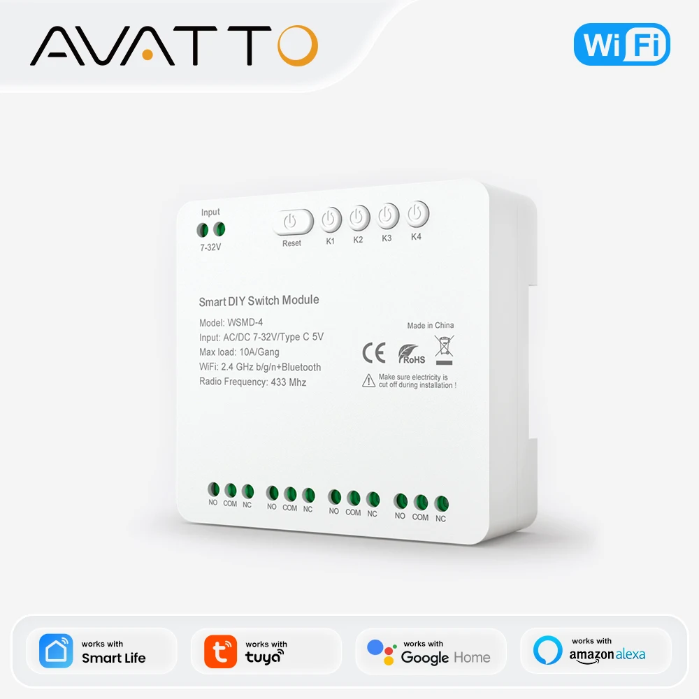 AVATTO Tuya Módulo de interruptor de contacto seco inteligente de 4 canales 7-32V/85-250V compatible con Alexa Google Home
