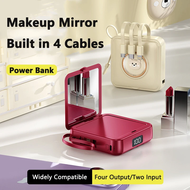 

Mini Power Bank 20000mAh Cute Cartoon Makeup Mirror Powerbank Built in 4 Cable Portable Charger External Battery Pack Power Bank