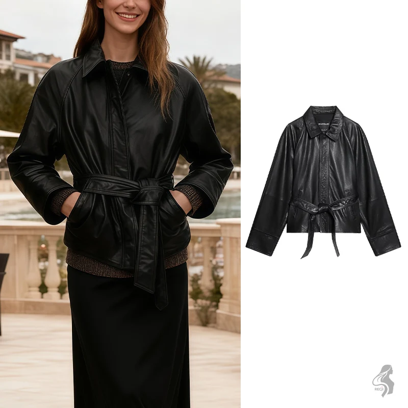 

Женская модная куртка с ремнем и зубчатым воротником, однобортная короткая кожаная куртка, стильная и универсальная для повседневной носки