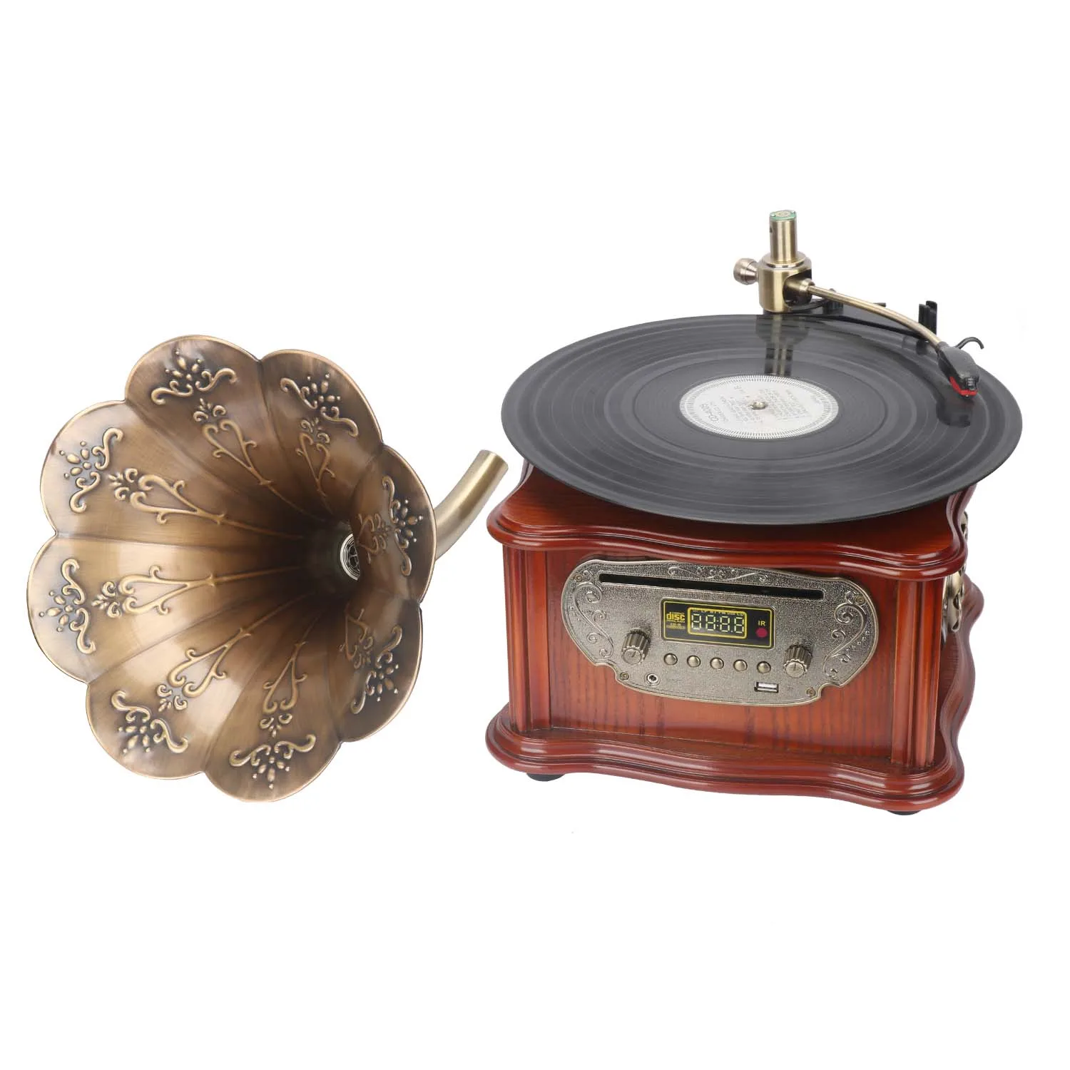

Retro USB/CD/Bluetooth Vinyl Turntable Record Player With Gramophone Speaker
