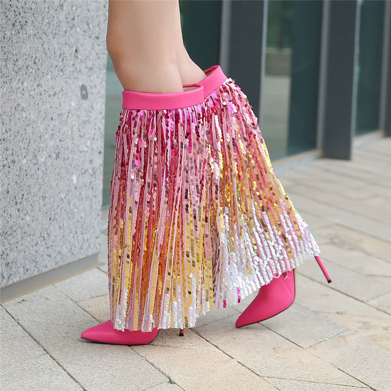 Autumn new pointed sequined tassel leather sexy short tube fashion boots T large size slim heel high-heeled women's boots