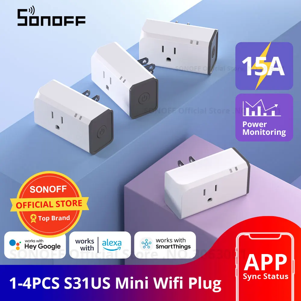 1-4PCS SONOFF S31 US Mini Wifi Socket 15A Smart Power Outlets Switch Timing Plug Power Consumption Measure Monitor Energy Usage