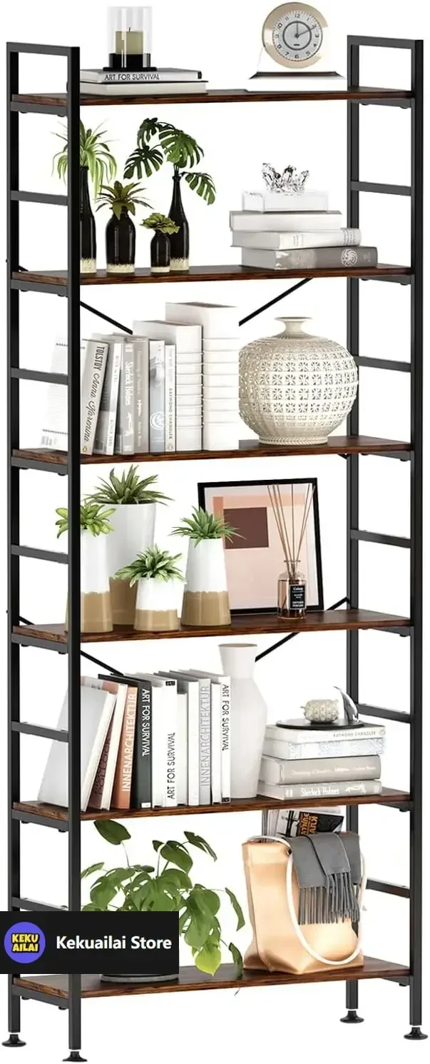 

6-Tier Adjustable Tall Bookcase, Rustic Wood and Metal Standing Bookshelf, Industrial Vintage Book Shelf Unit, Open Back Modern