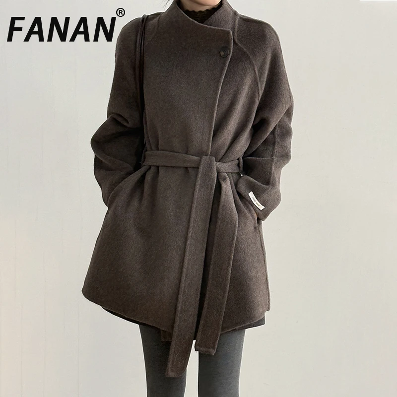 

FANAN Office Lady Stand Neck Wool Coats Women's Belt Gathered Waist Thick Warm Jackets Elegant Clothing Female 2025 Winter New