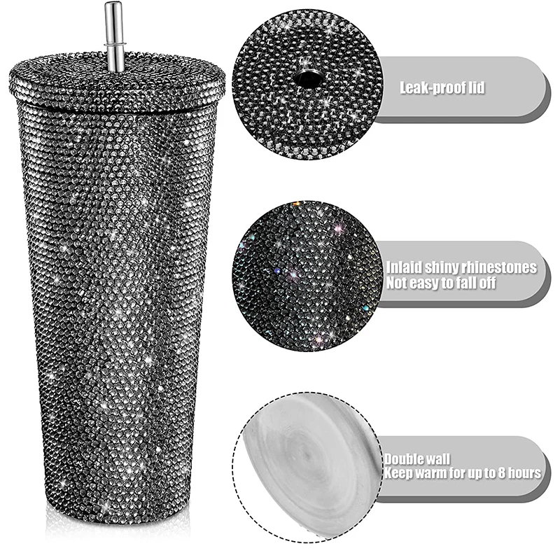 Double Wall Stainless Steel Tumbler With Straw Vacuum Thermos Sparkling Diamond Coffee Cup Mug Insulated Water Bottle 750ML500ML