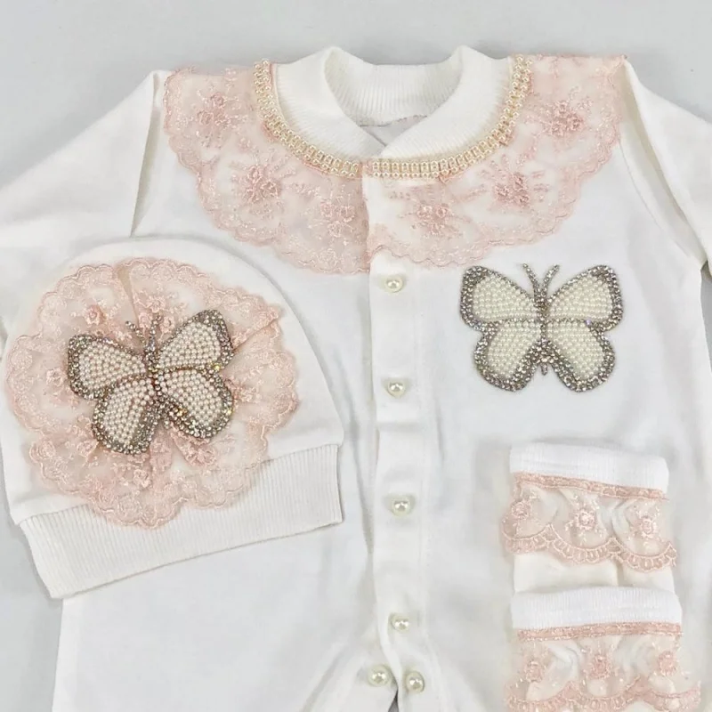 Perfect Baby Shower Gift Newborn White Pink Lace Butterfly Bow Footed Romper 0-9 Months Baby Princess Long Sleeve Jumpsuit
