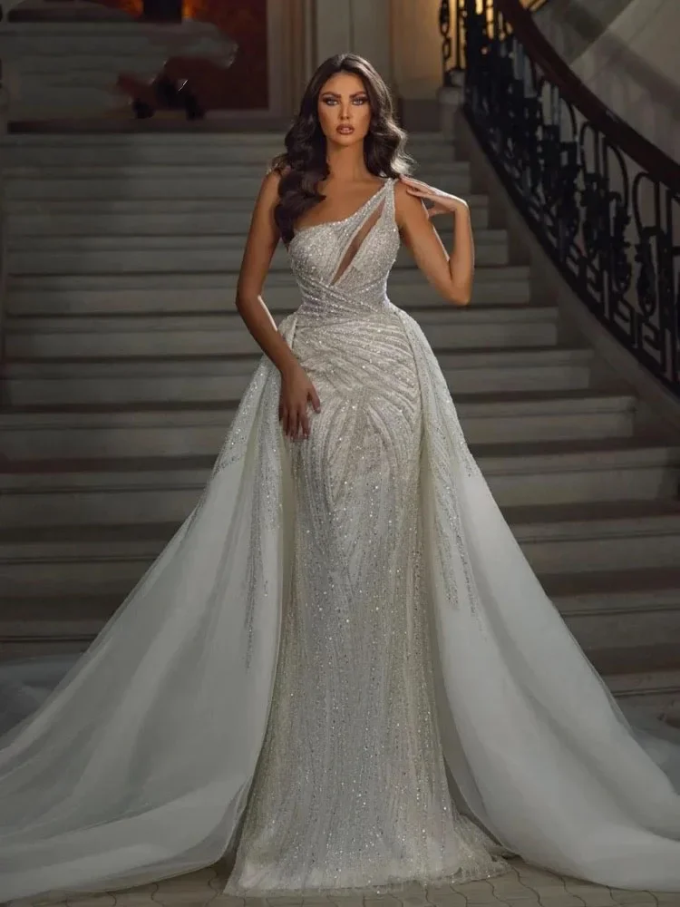 

Luxury Mermaid Wedding Dress One Shoulder Beaded Sequins Detachable Tail Bridal Gown for Women's Vestidos De Novia Customized