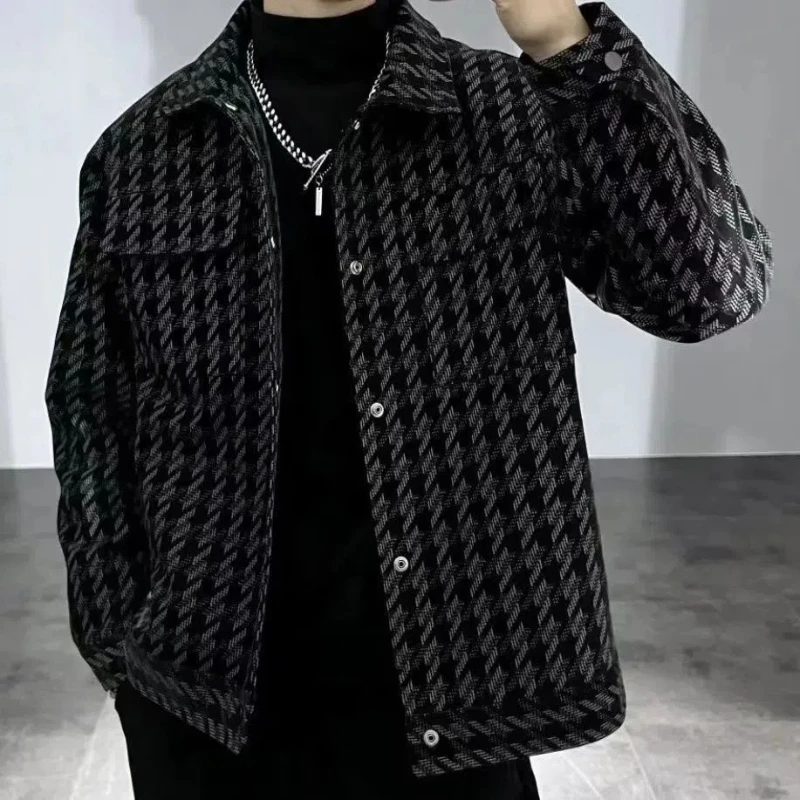 Square Collar Jacket Men's Casual Versatile Thousand Bird Plaid Jacket Korean Version Handsome Men's Jacket