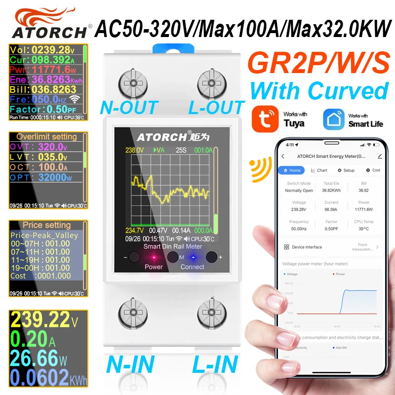 Inteligentny licznik energii elektrycznej AC50-320V 100A Tuya WiFi na szynę DIN, cyfrowy wyświetlacz, monitorowanie energii, krzywa napięcia, amperomierz