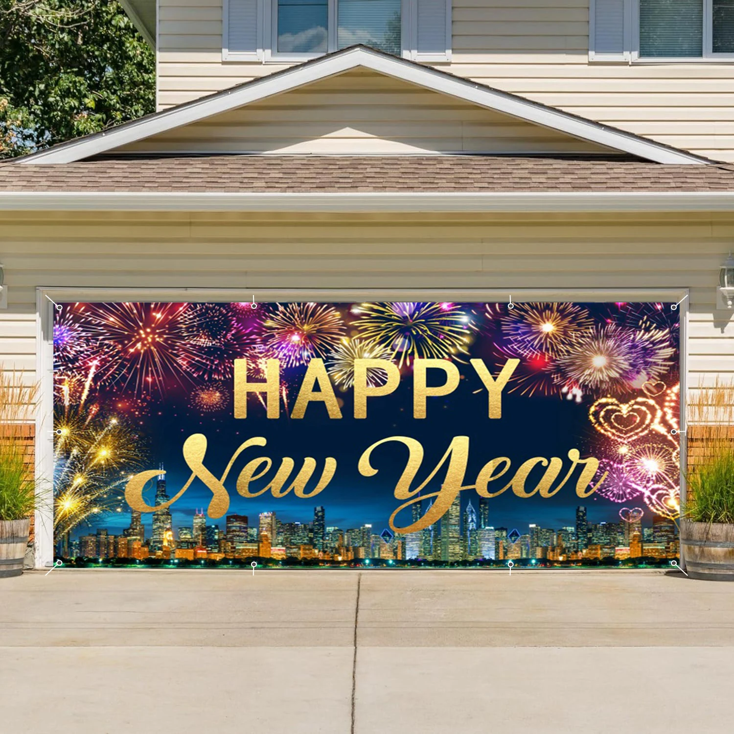 2025 Happy New Year Garage Door Decoration Banner Colorful Fireworks Neon City Night Scene New Year Countdown Outdoor Background