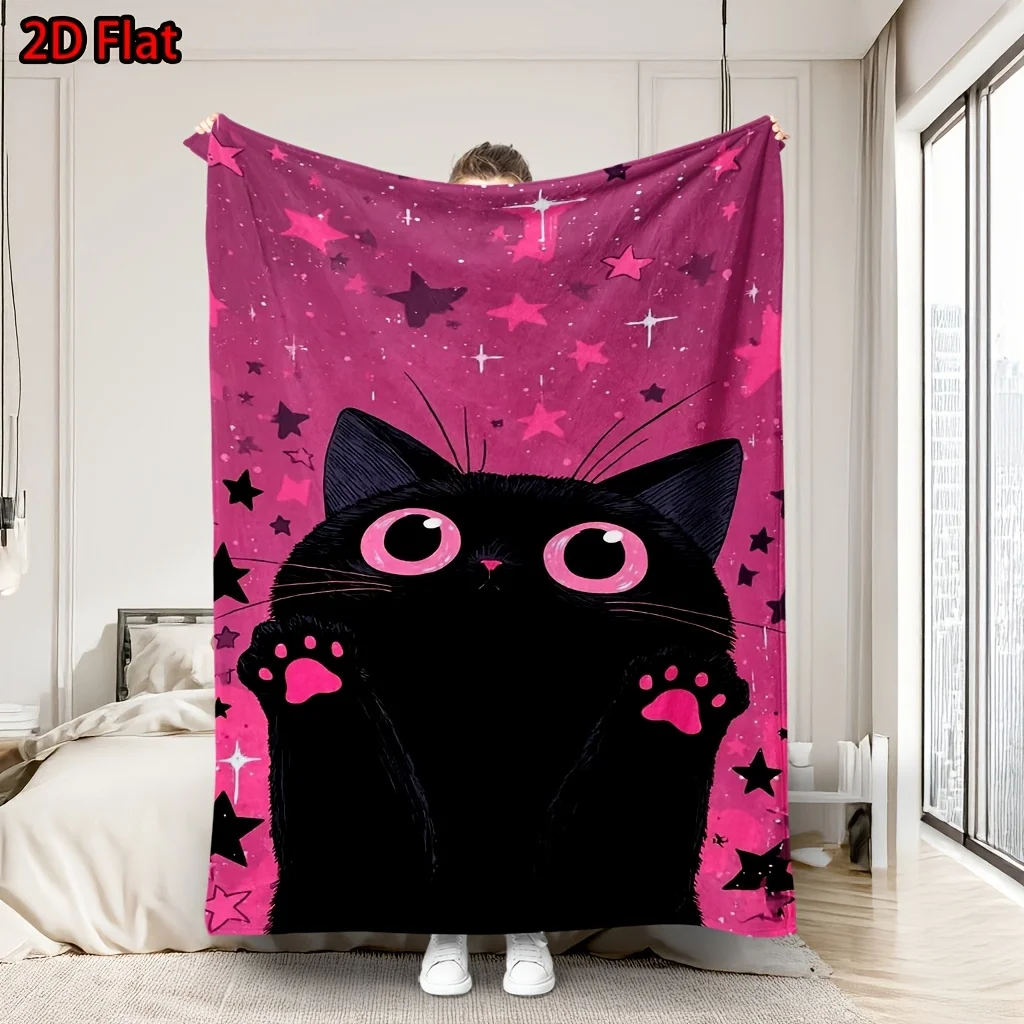 Trendy Black Cat Pink Stars Throw Blanket Cozy Decorative Living Room Couch Nap Throw Gift for Girl Cat Lover