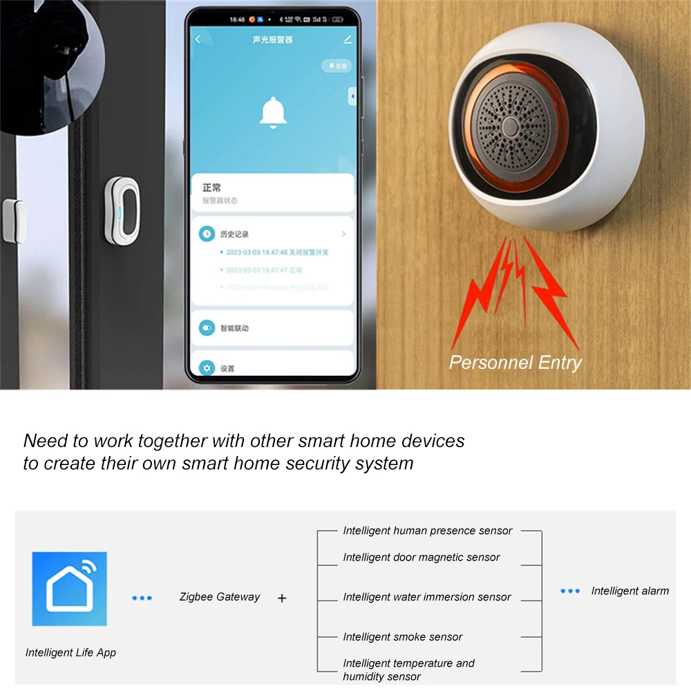 Умный звуковой сигнал Tuya Zigbee, устройство 2 в 1 с датчиком, питанием от USB и питанием от шлюза Zigbee, 100 дБ