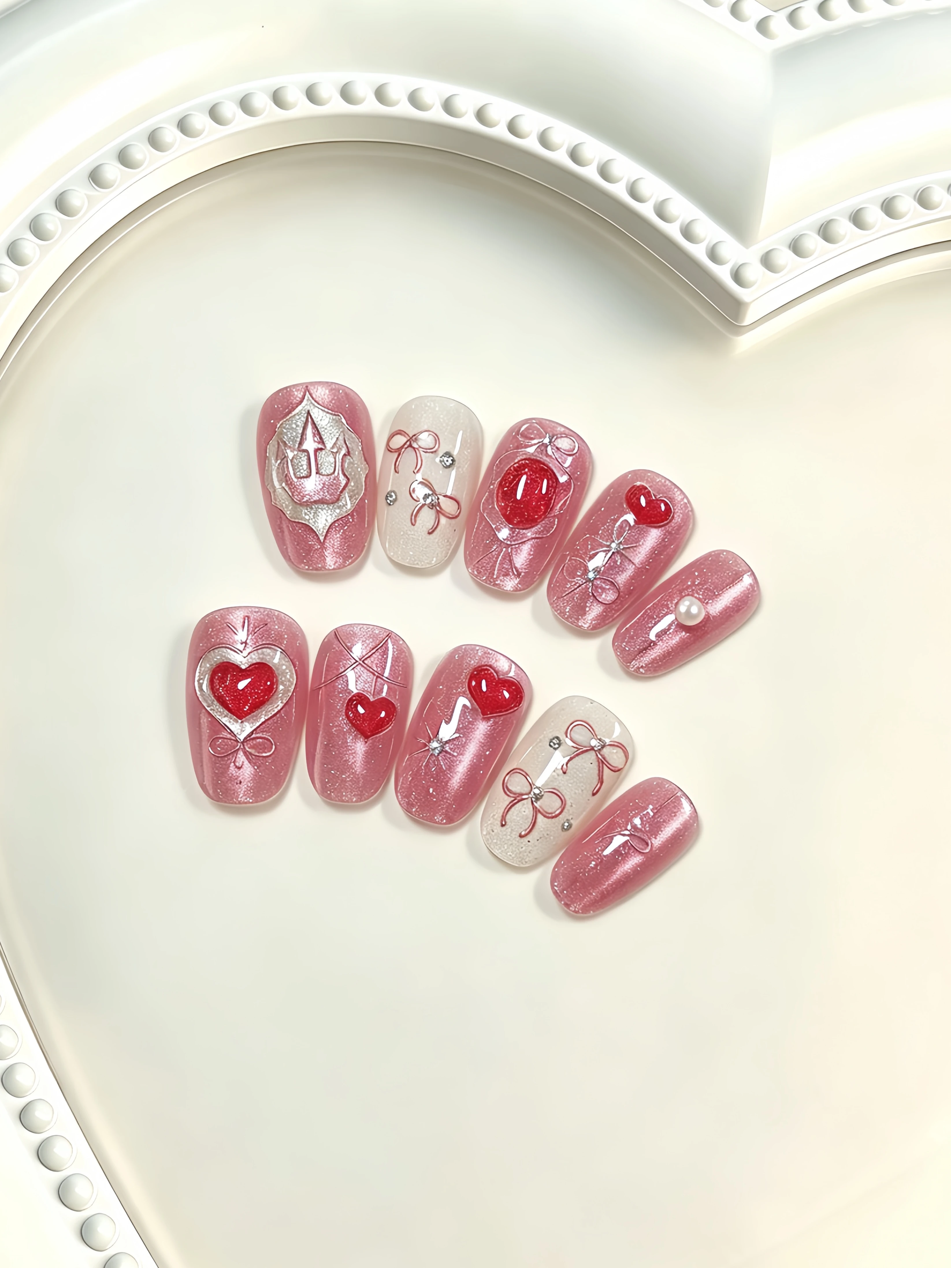 10 piezas de uñas postizas cortas de forma ovalada, color base ojo de gato rosa cerezo con lazo de cinta 3D en forma de corazón burdeos, exquisita decoración de uñas, estilo vintage de bailarina, uñas postizas reutilizables.