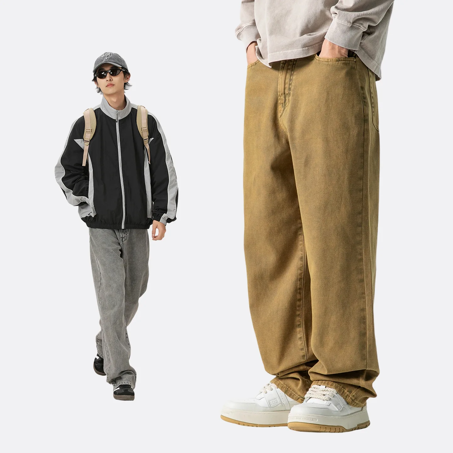 Men American Fashion Vintage Loose Casual Cotton Denim Cargo Pant Women Jeans Long Trousers